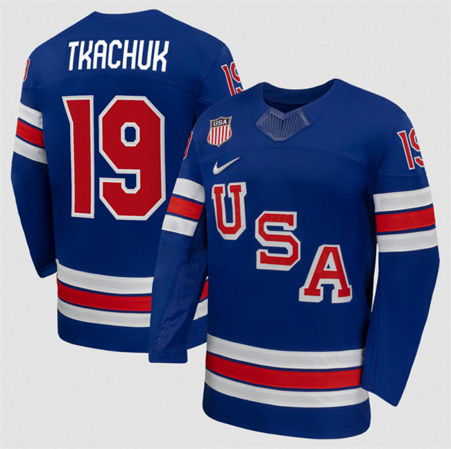 Men's USA #19 Matthew Tkachuk Royal 2026 Stitched Jersey